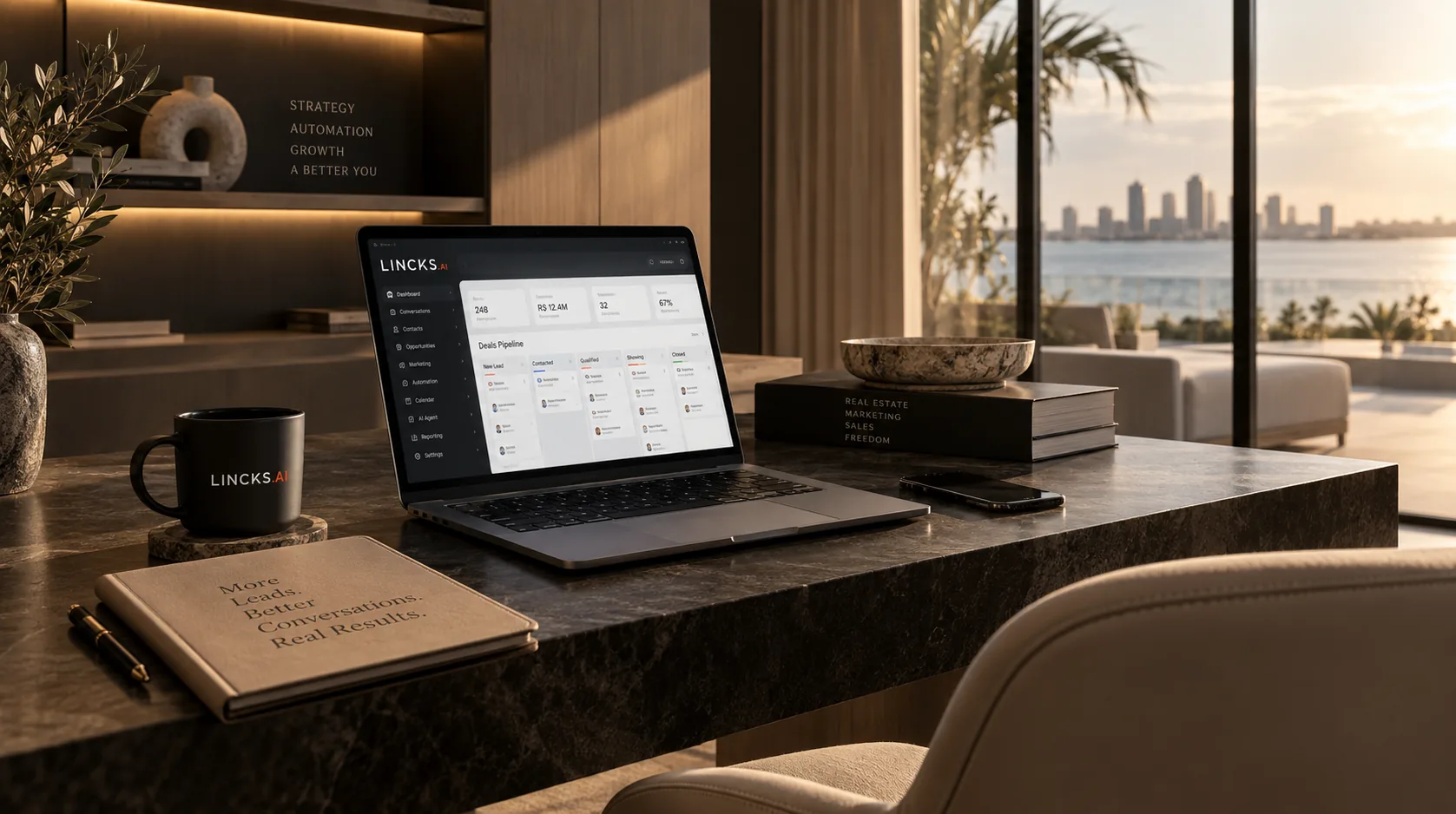 Plataforma LINCKS.AI aberta em um notebook em uma mesa elegante, com caneca LINCKS.AI e caderno escrito More Leads. Better Conversations. Real Results.
