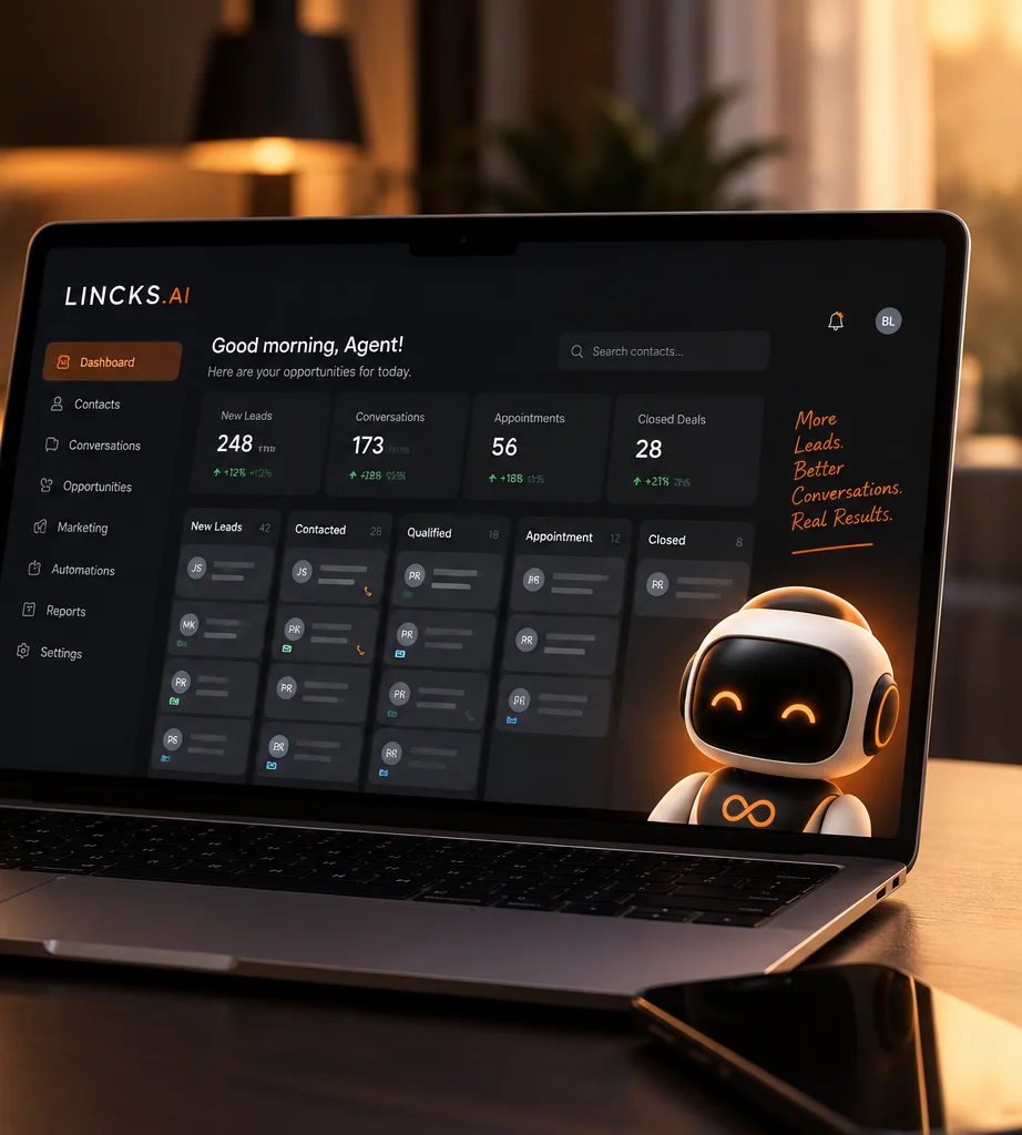 Notebook exibindo o painel da LINCKS.AI com um agente de IA e o infinito laranja
