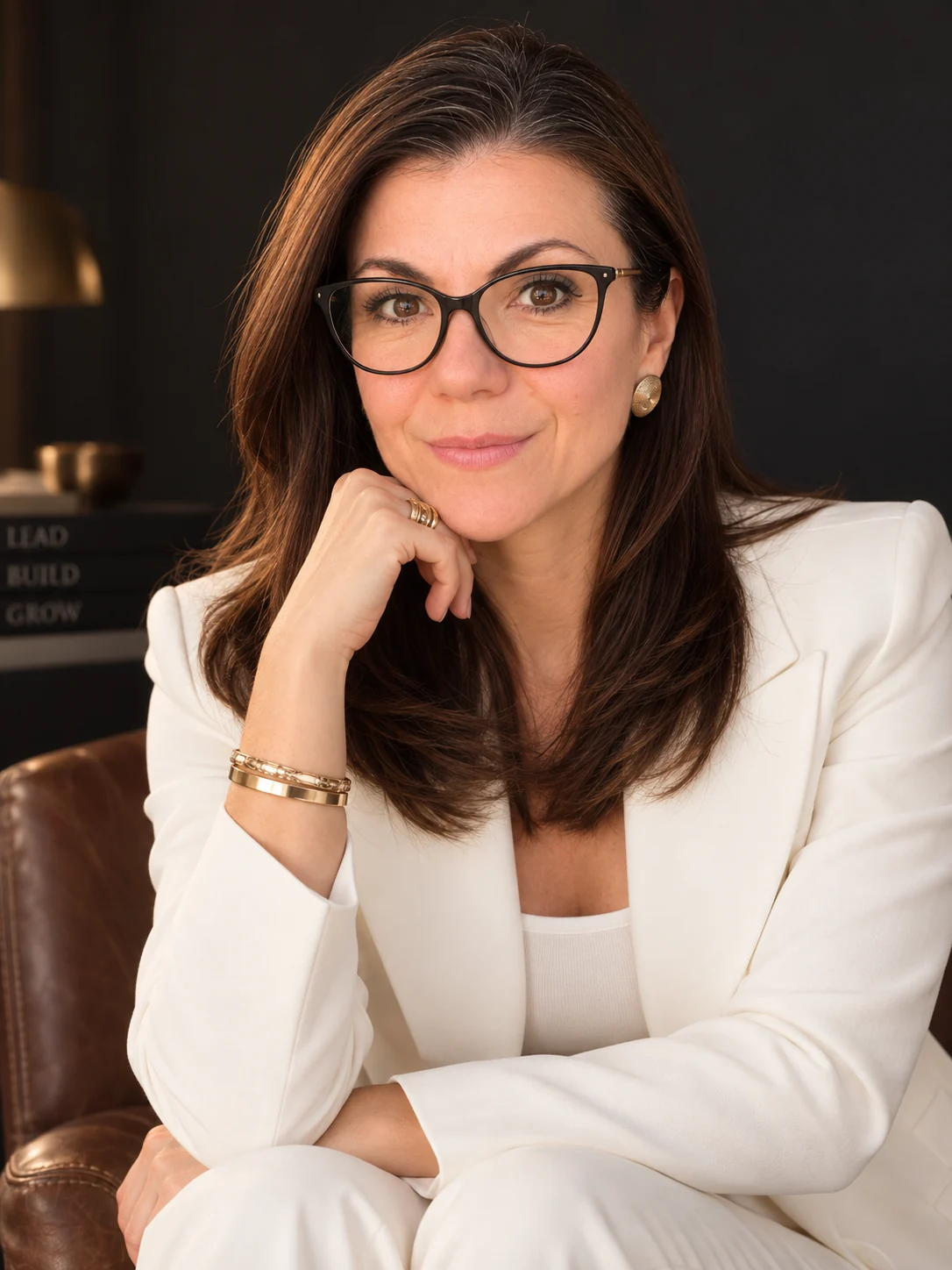 Bianca Lincks, real estate marketing strategist and founder of LINCKS.AI, in a warmly lit minimalist office