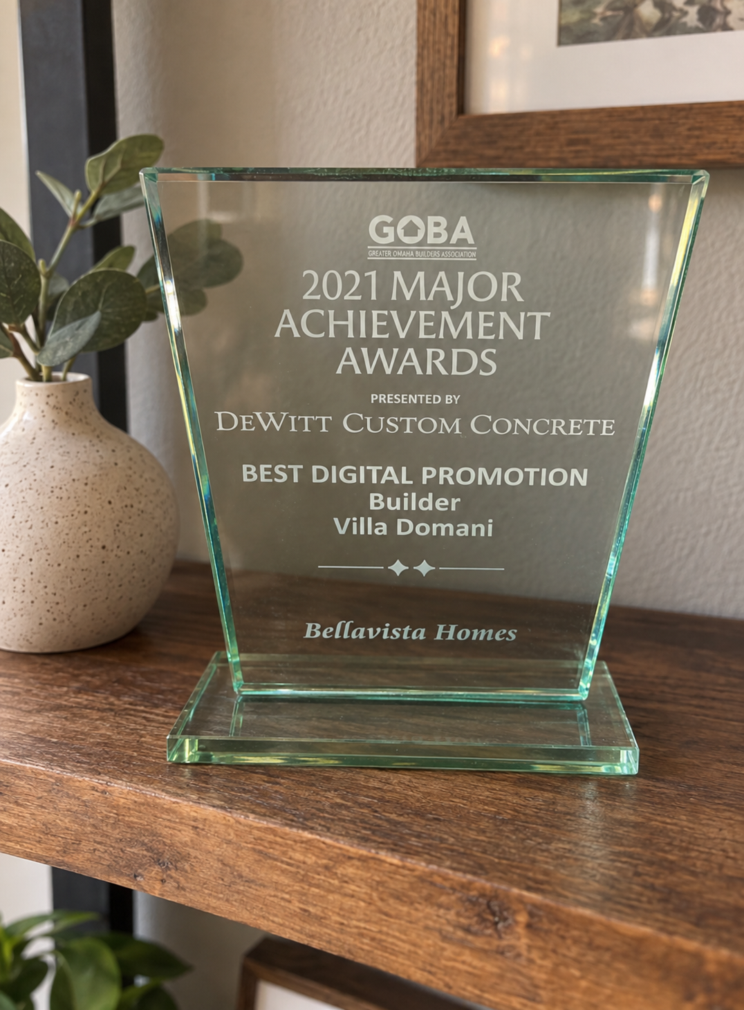 GOBA 2021 Major Achievement Awards glass trophy for Best Digital Promotion, Builder, Villa Domani, presented to Bellavista Homes.