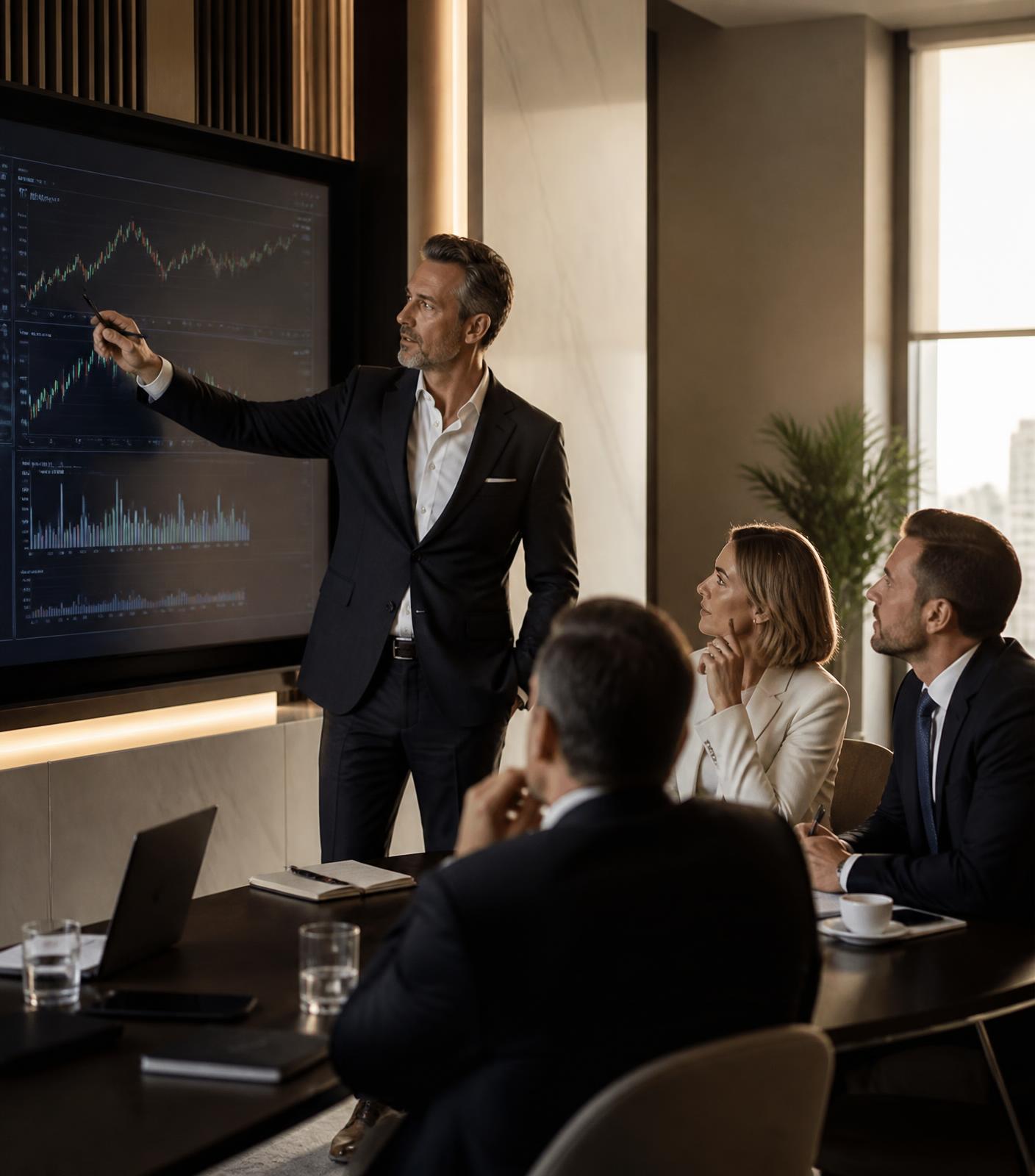 Brokerage leader reviewing performance with a leadership team in a premium office