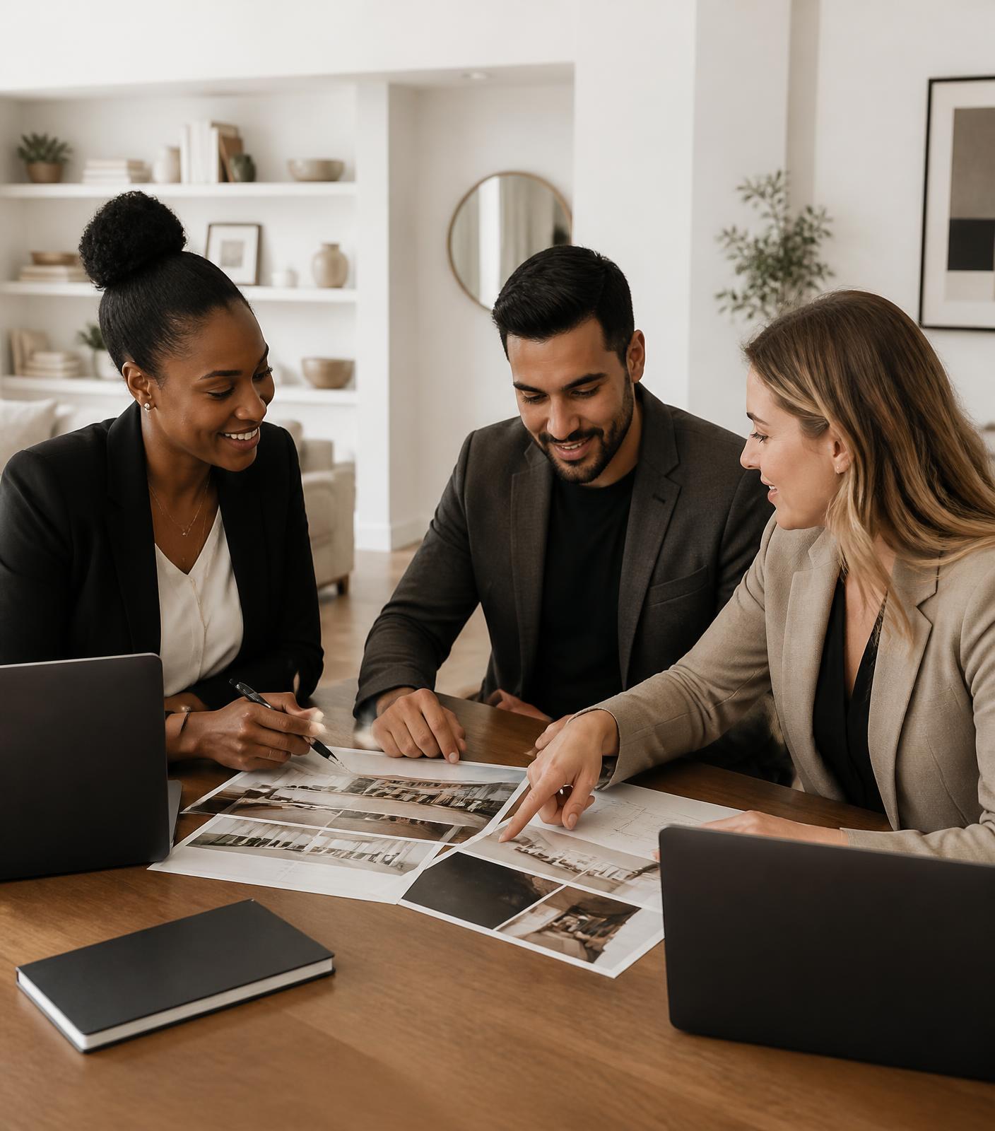 Small real estate team collaborating around a table in a sophisticated office