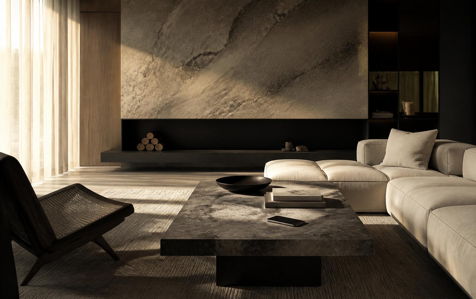 High-end minimalist living room with marble wall and a phone resting on a stone coffee table