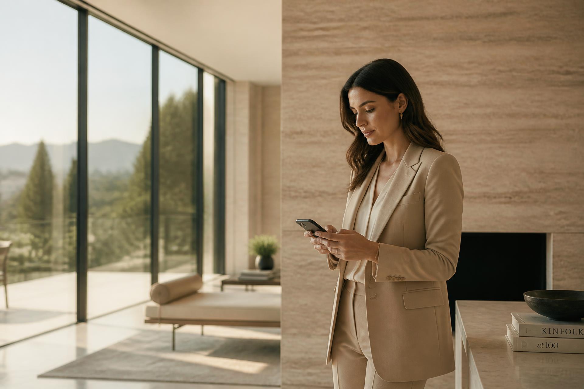 Real estate professional following up with a client from a modern property