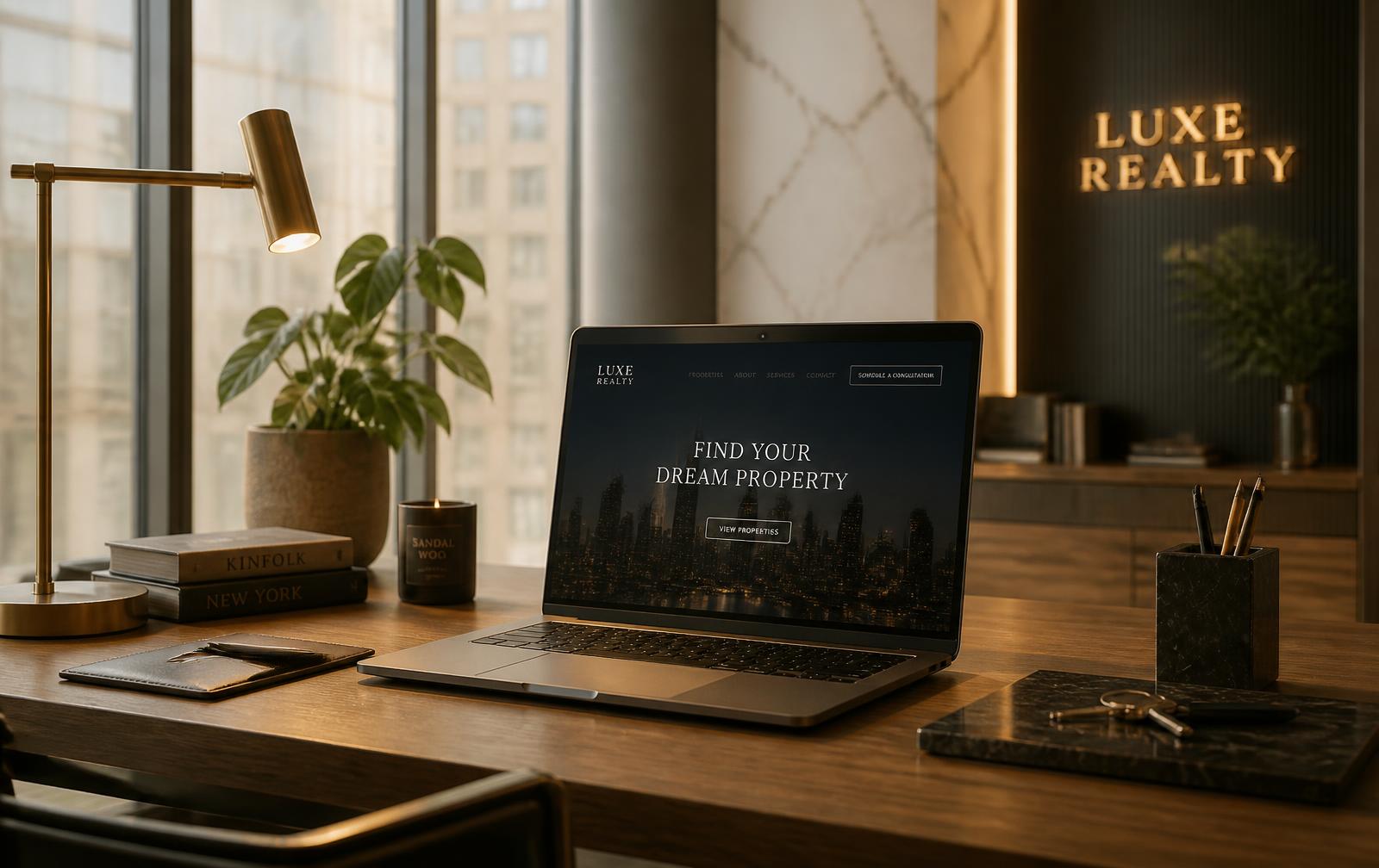 Minimalist real estate office desk with a laptop, warm light and a city view