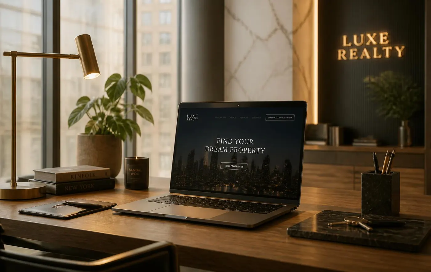 Minimalist real estate office desk with a laptop, warm light and a city view